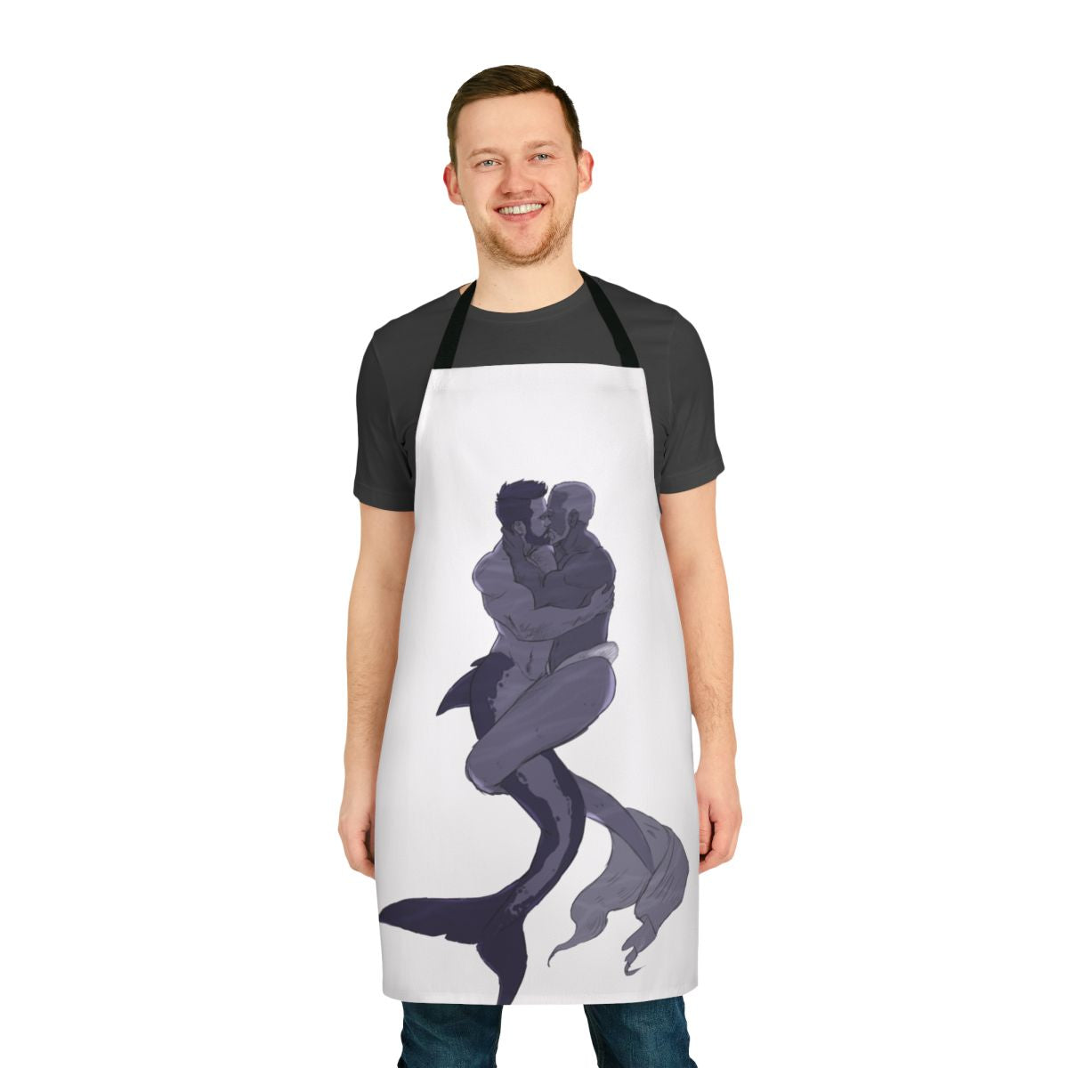 Image of a high-quality apron featuring the design of two muscular mermen in a loving embrace.