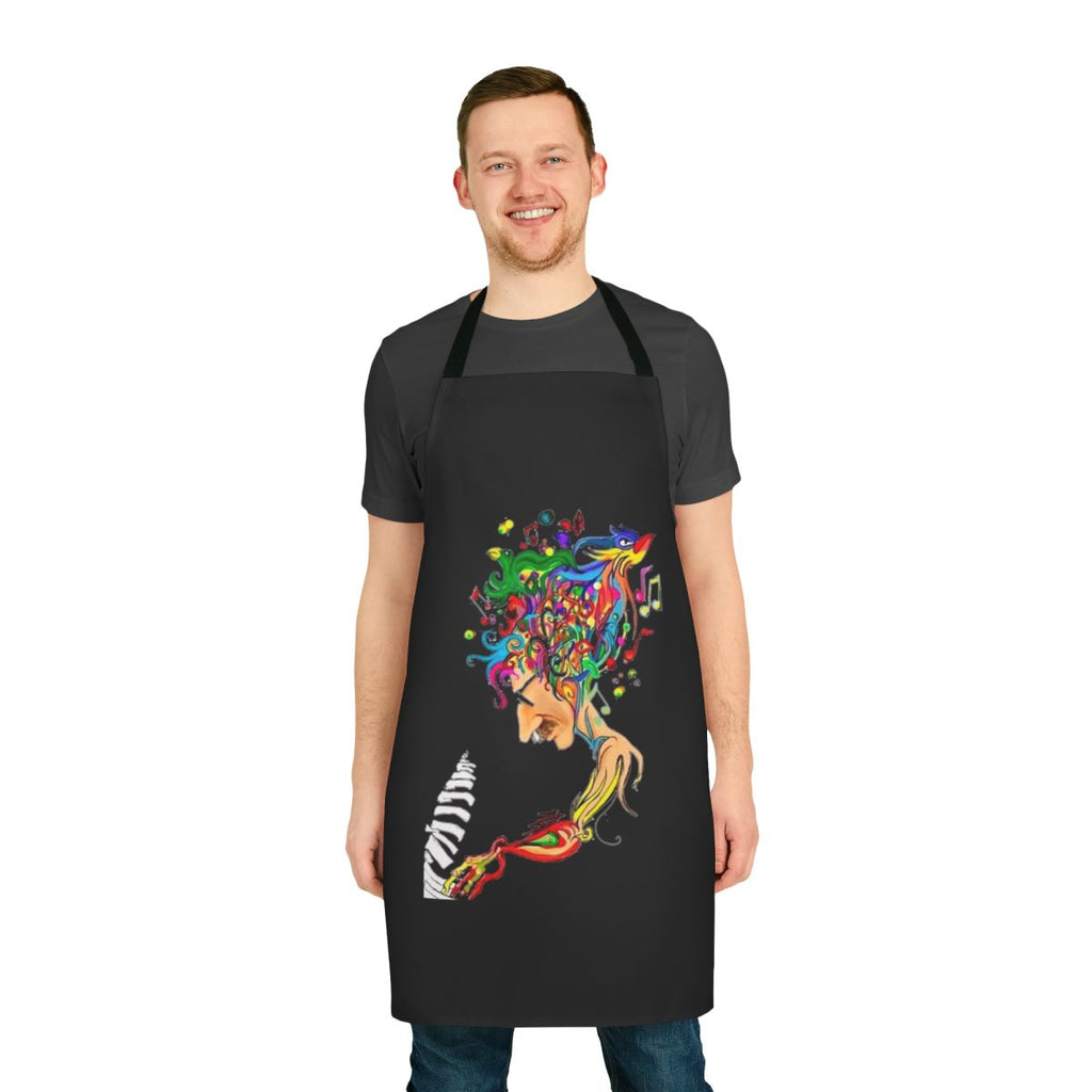 Charly Garcia-themed apron featuring a piano and musical notes