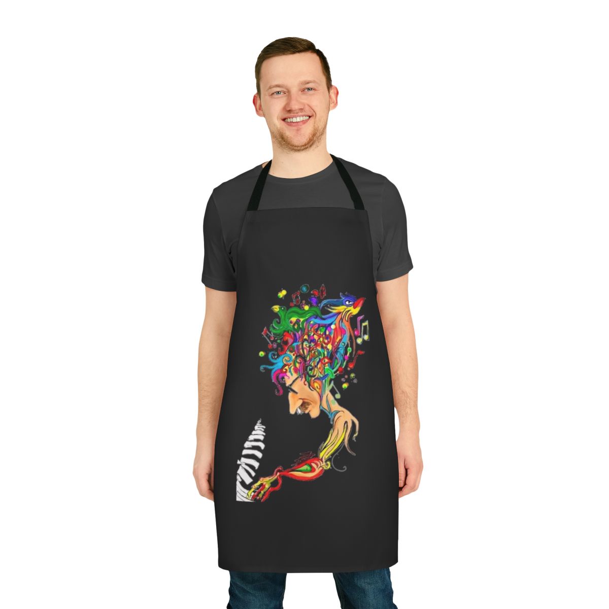 Charly Garcia-themed apron featuring a piano and musical notes