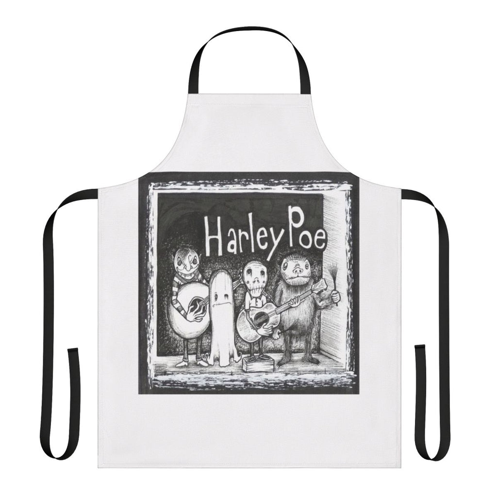 Handmade Harley Poe folk punk apron with ukulele and mandolin graphics