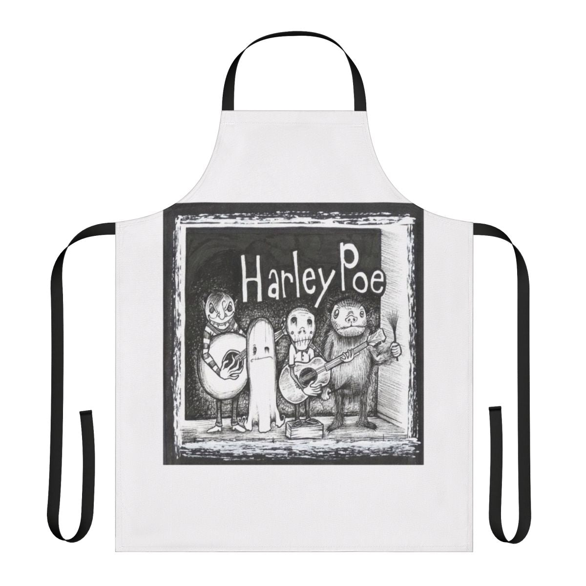 Handmade Harley Poe folk punk apron with ukulele and mandolin graphics