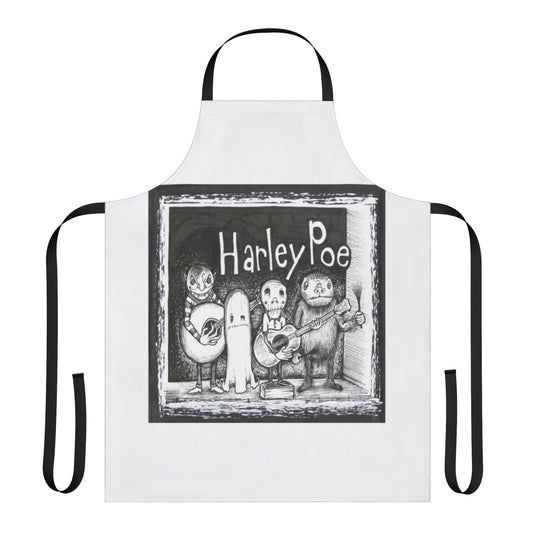 Handmade Harley Poe folk punk apron with ukulele and mandolin graphics