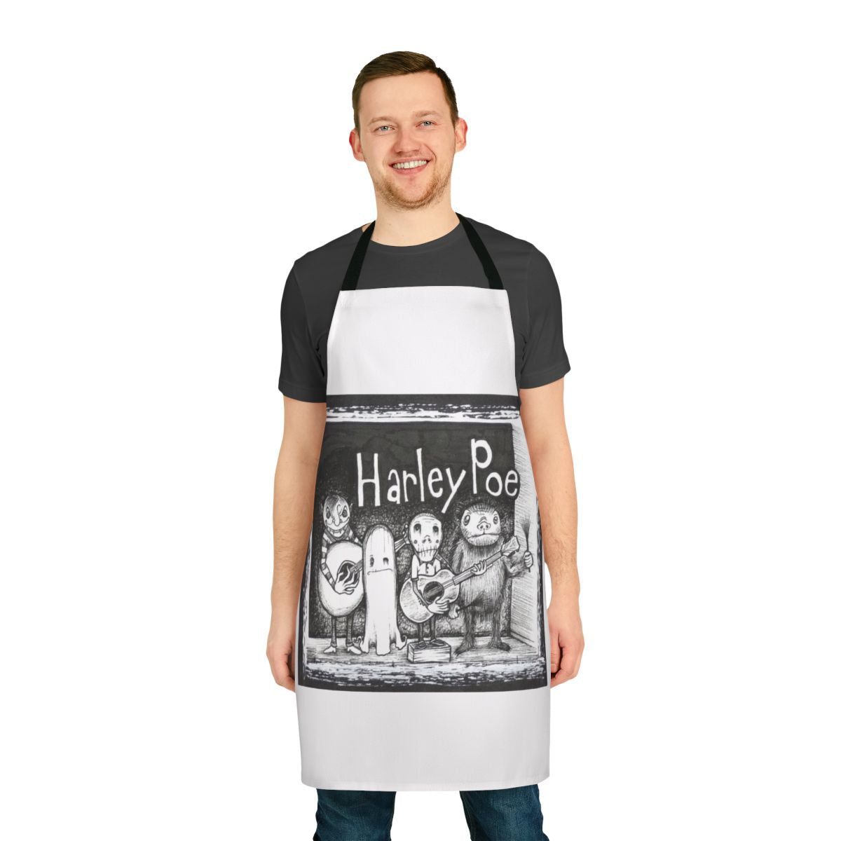 Handmade Harley Poe folk punk apron with ukulele and mandolin graphics