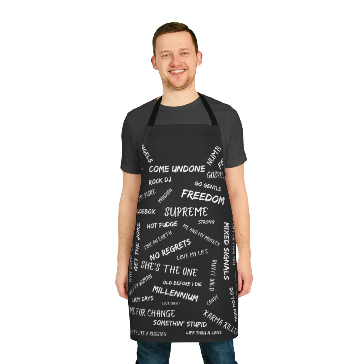 Robbie Williams Inspired Black Apron with Music Lyrics