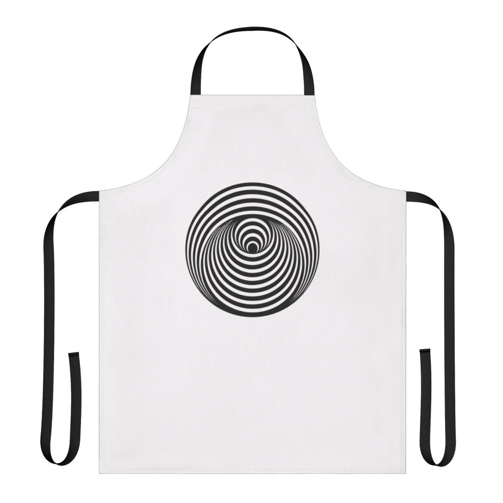 Music lover wearing a vinyl-inspired apron with a stylish record label design