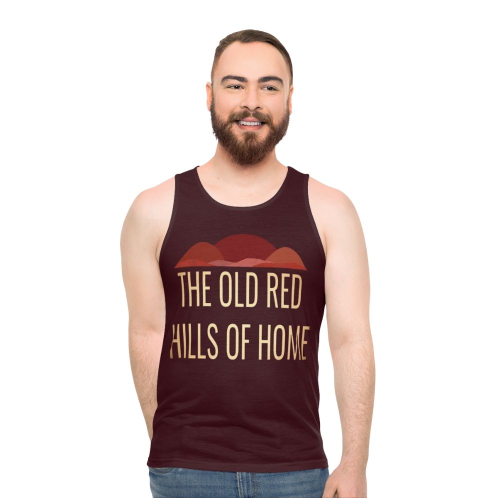 Unisex musical theater tank top with The Old Red Hills Of Home Parade design
