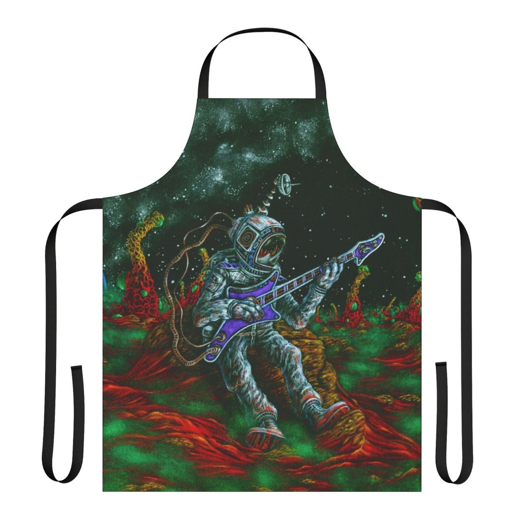 Musically inspired apron featuring guitar, microphone, and music notes