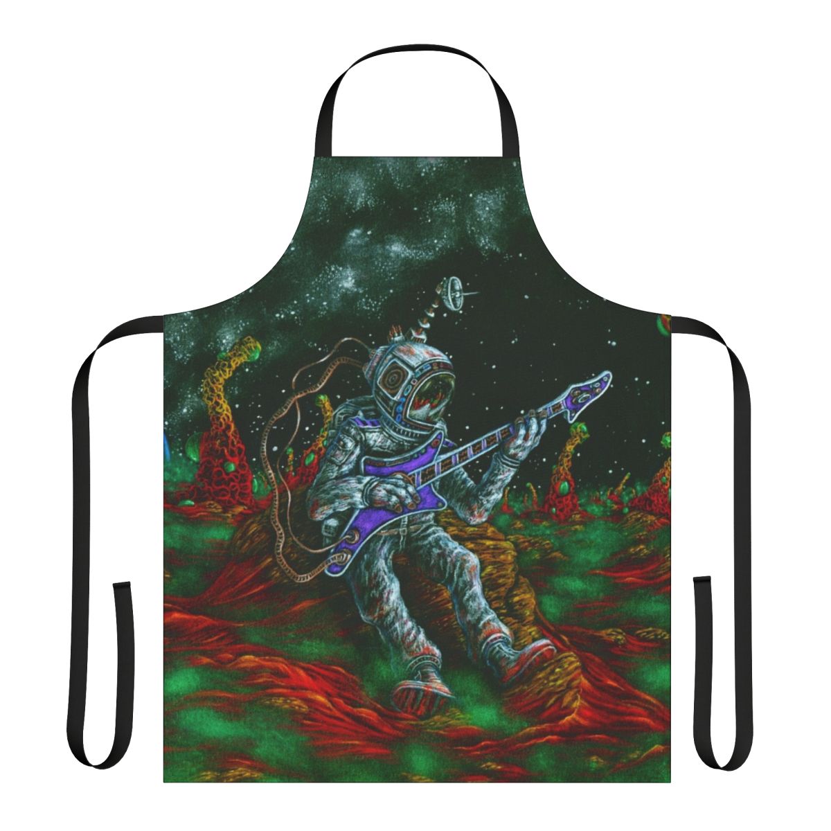 Musically inspired apron featuring guitar, microphone, and music notes