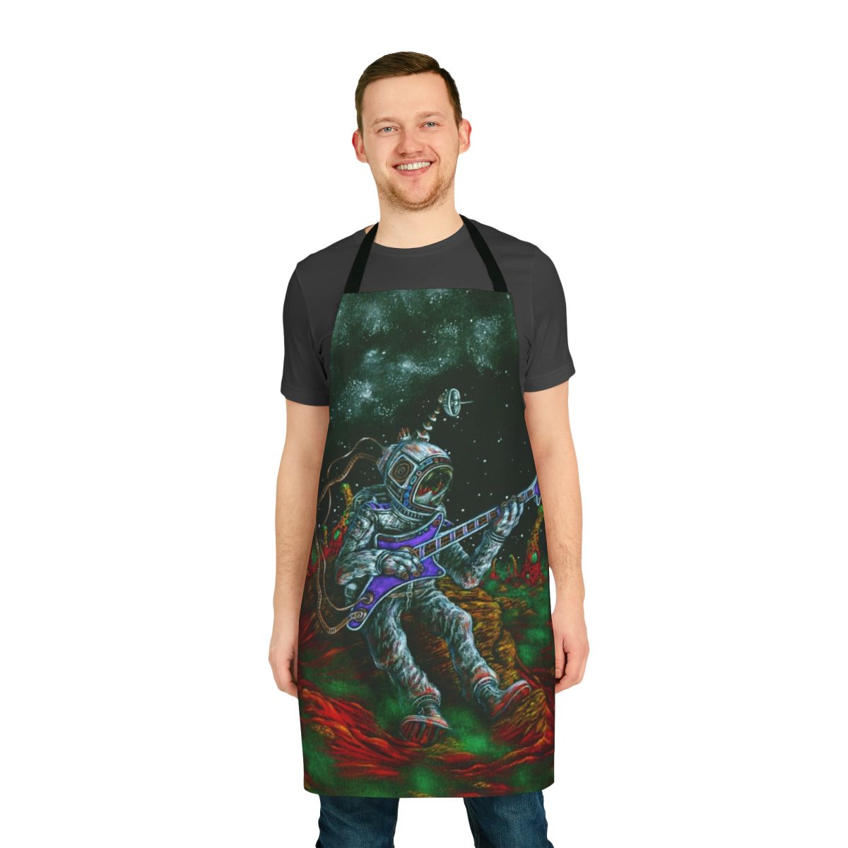 Musically inspired apron featuring guitar, microphone, and music notes