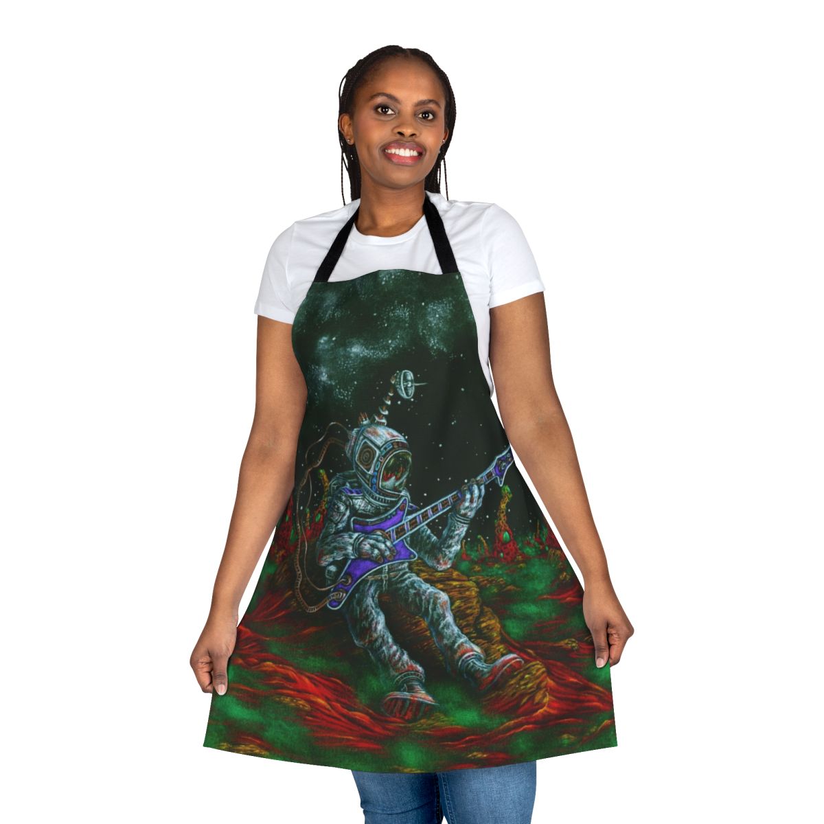 Musically inspired apron featuring guitar, microphone, and music notes