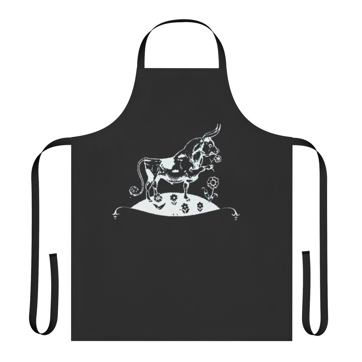 White apron featuring a Ferdinand the Bull inspired design, perfect for music lovers.