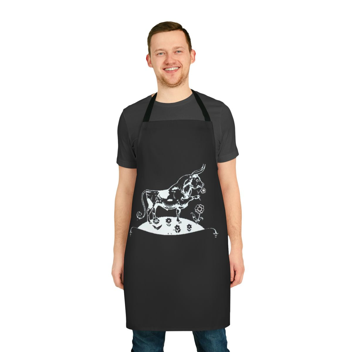 White apron featuring a Ferdinand the Bull inspired design, perfect for music lovers.
