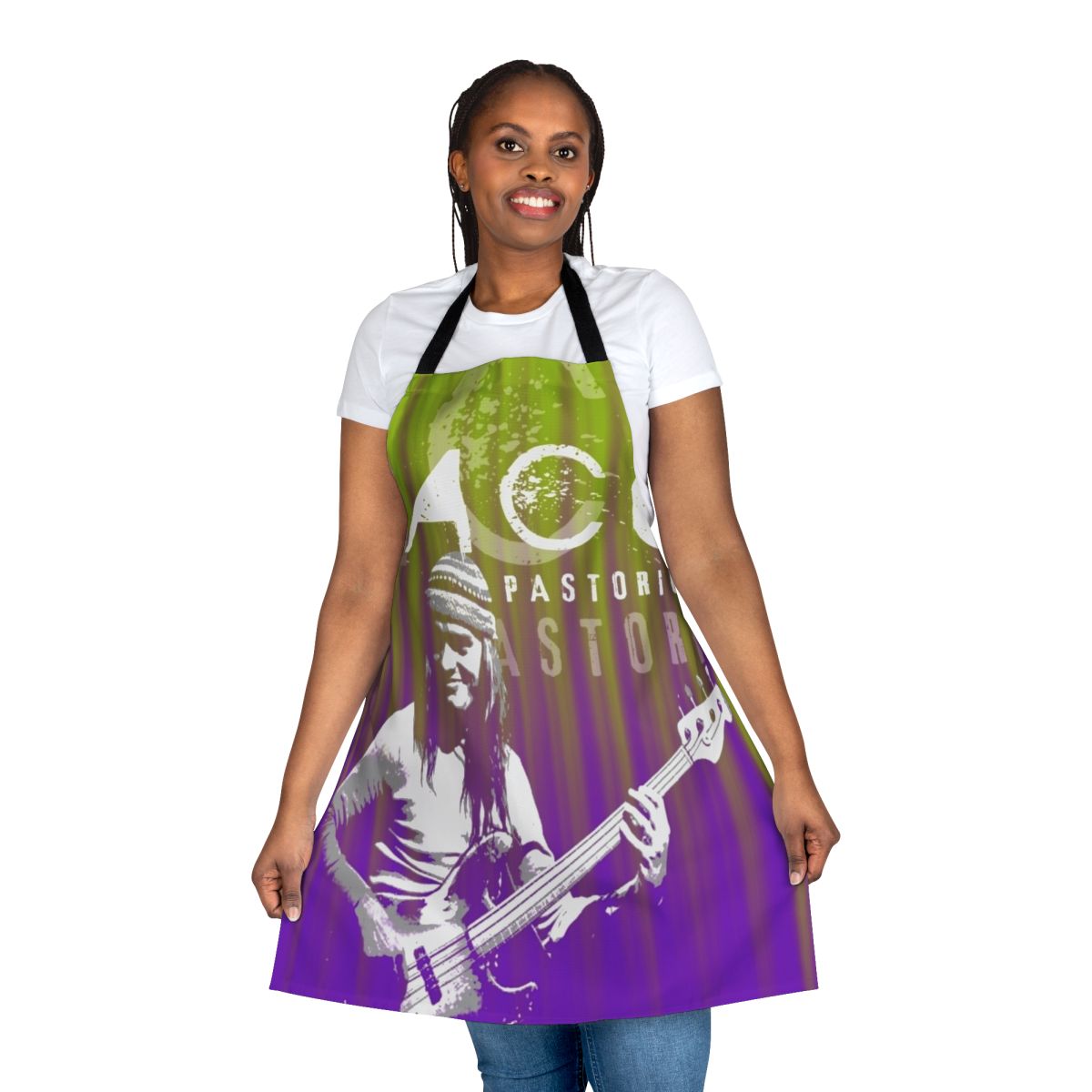 Jaco Pastorius-inspired apron with musical elements and design