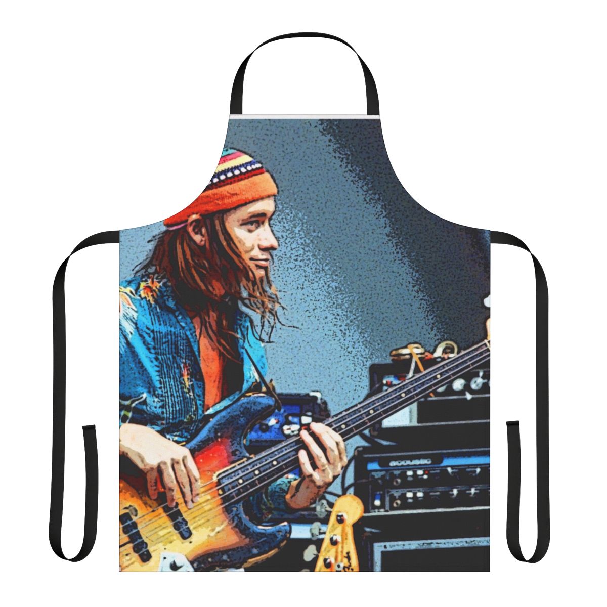 Musician's apron featuring Jaco Pastorius, legendary bassist known for his work with Weather Report and funk jazz fusion.