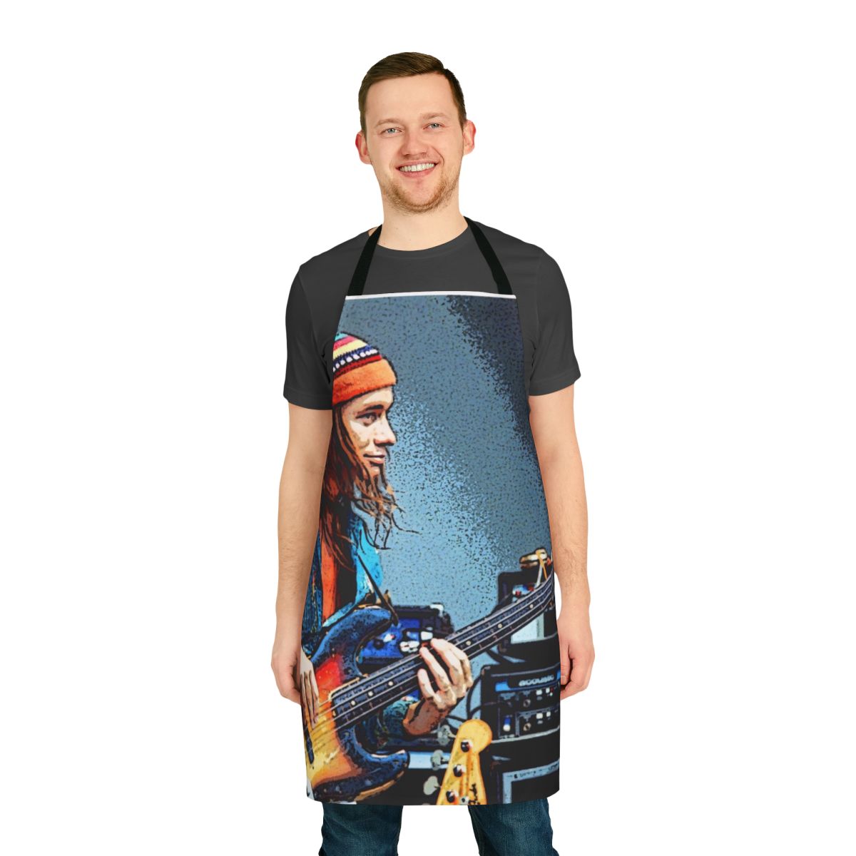 Musician's apron featuring Jaco Pastorius, legendary bassist known for his work with Weather Report and funk jazz fusion.
