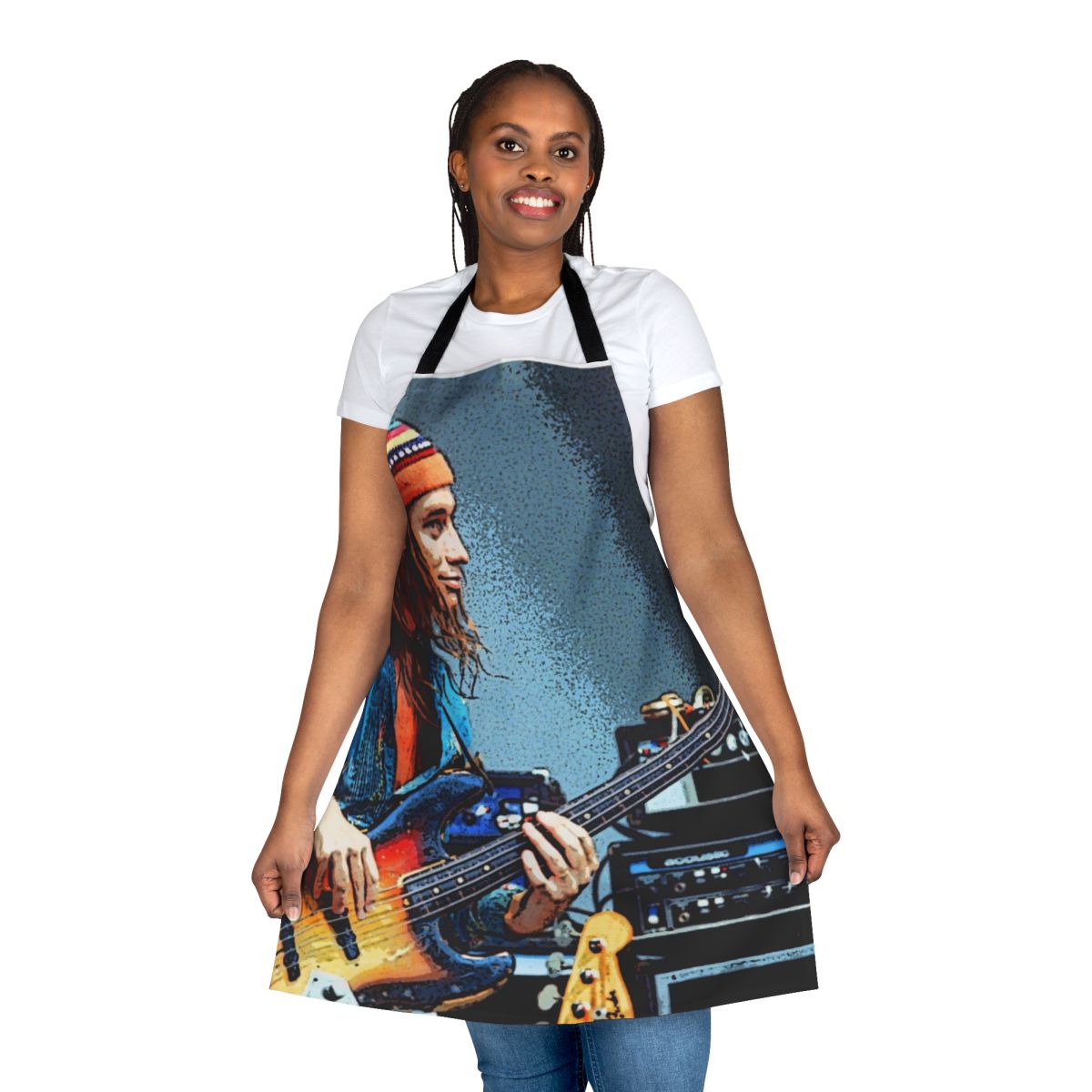 Musician's apron featuring Jaco Pastorius, legendary bassist known for his work with Weather Report and funk jazz fusion.