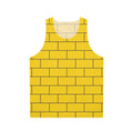 Mustard yellow unisex tank top with brick pattern graphic