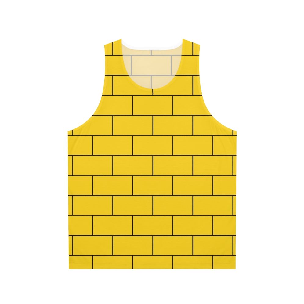 Mustard yellow unisex tank top with brick pattern graphic
