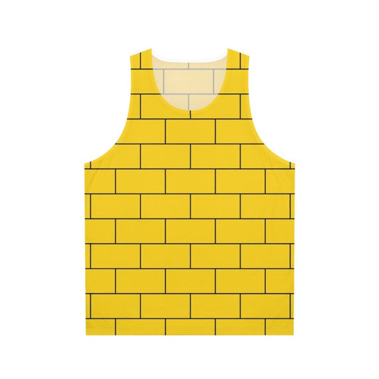 Mustard yellow unisex tank top with brick pattern graphic