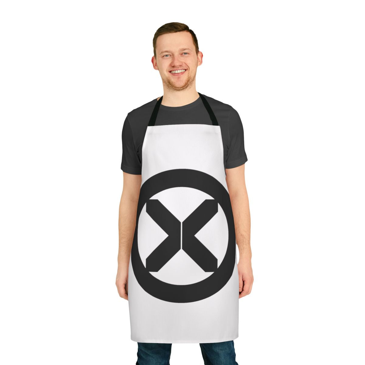 Black apron with Mutant Cult logo design, inspired by X-Men comics and movies