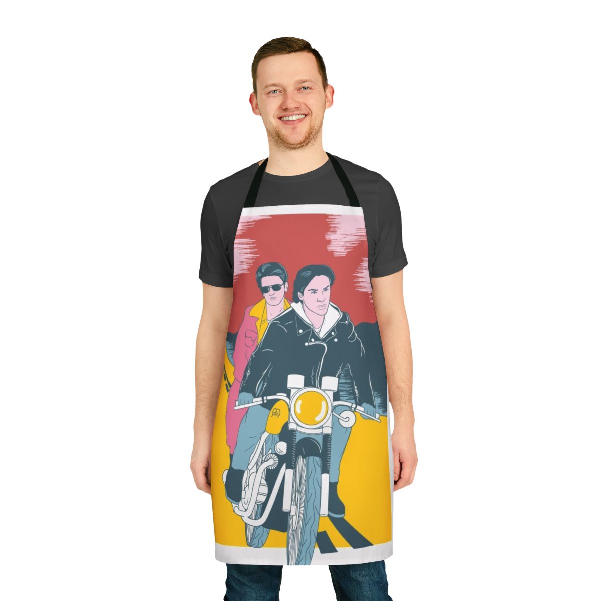 Apron featuring a design inspired by the classic 1991 indie film "My Own Private Idaho" starring River Phoenix and Keanu Reeves.