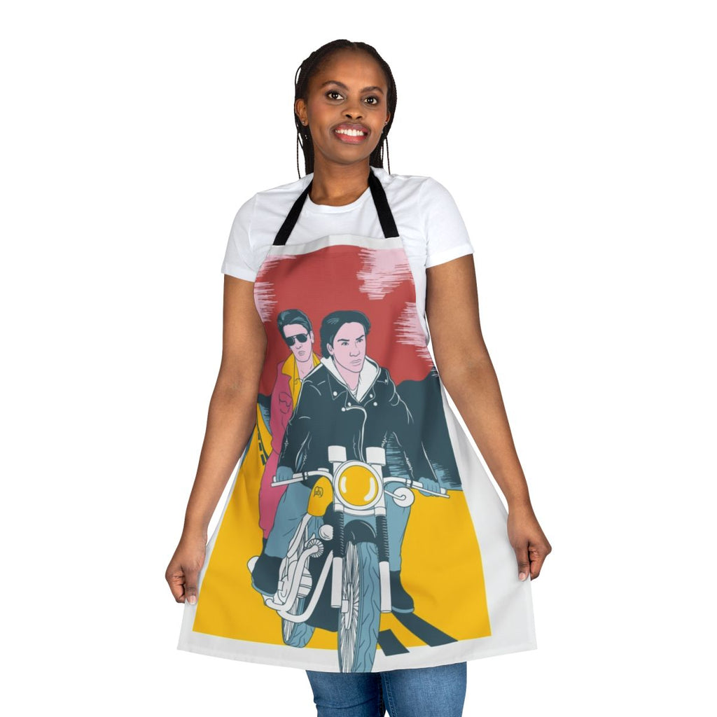 Apron featuring a design inspired by the classic 1991 indie film "My Own Private Idaho" starring River Phoenix and Keanu Reeves.