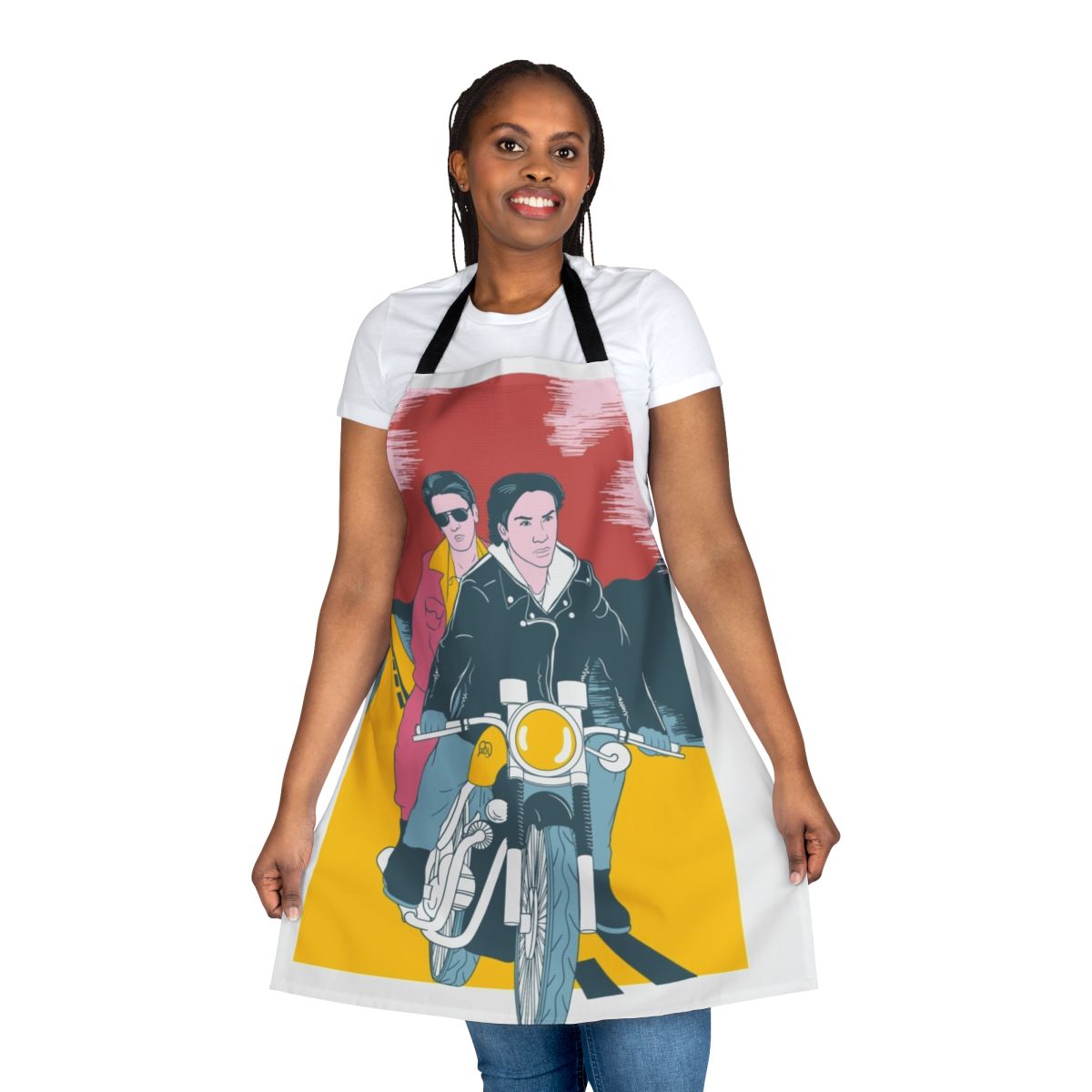 Apron featuring a design inspired by the classic 1991 indie film "My Own Private Idaho" starring River Phoenix and Keanu Reeves.