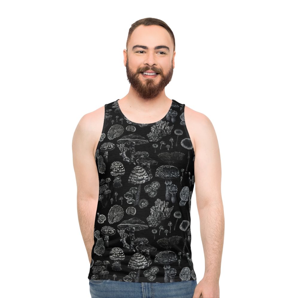 Unisex tank top featuring a mycological nature botanical design
