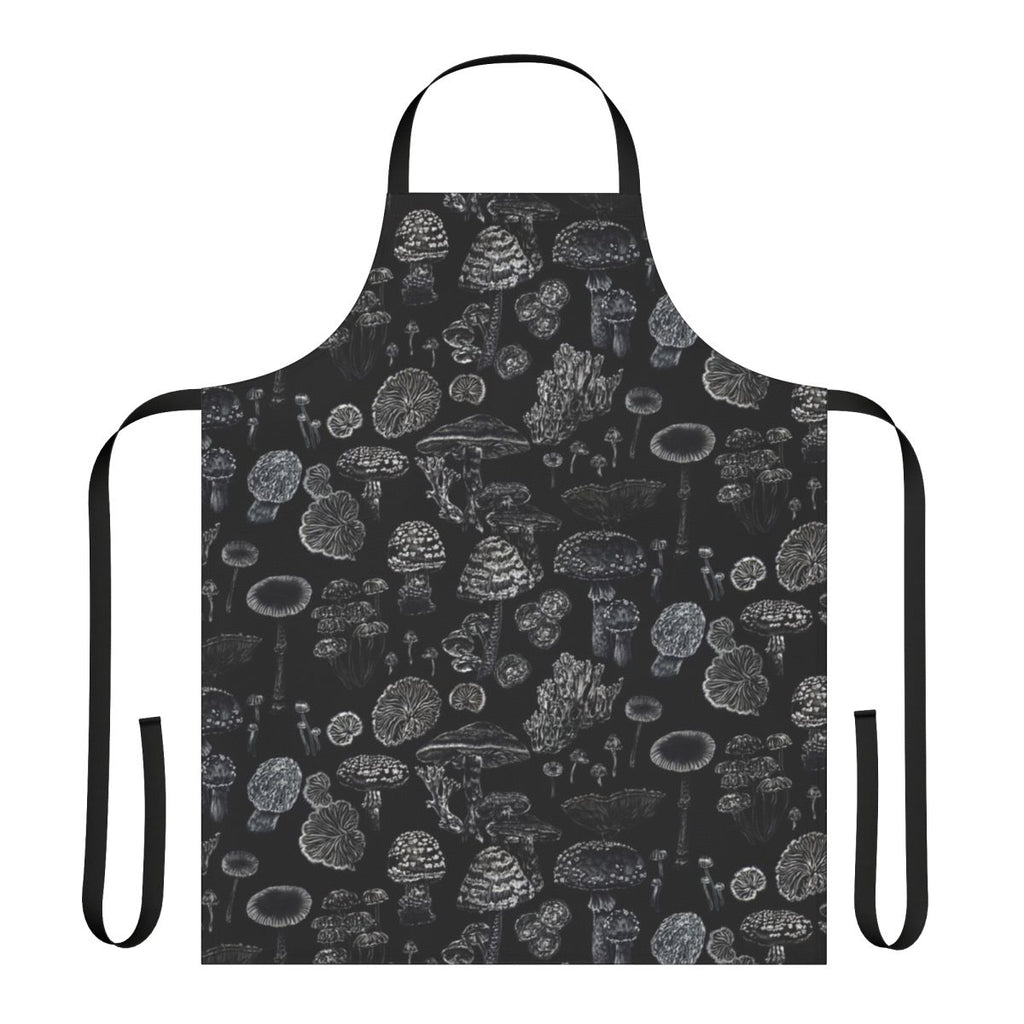 Monochrome apron featuring mushroom and botanical motifs for the mycology-inclined