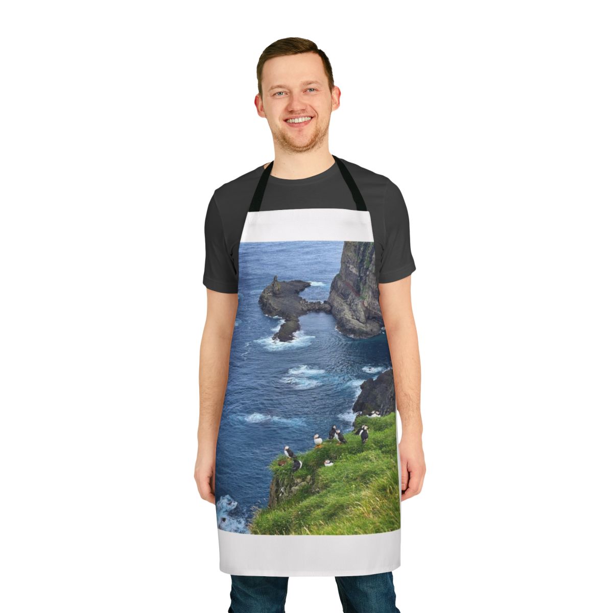Mykines Faroe Islands Apron featuring puffins and scenic landscape