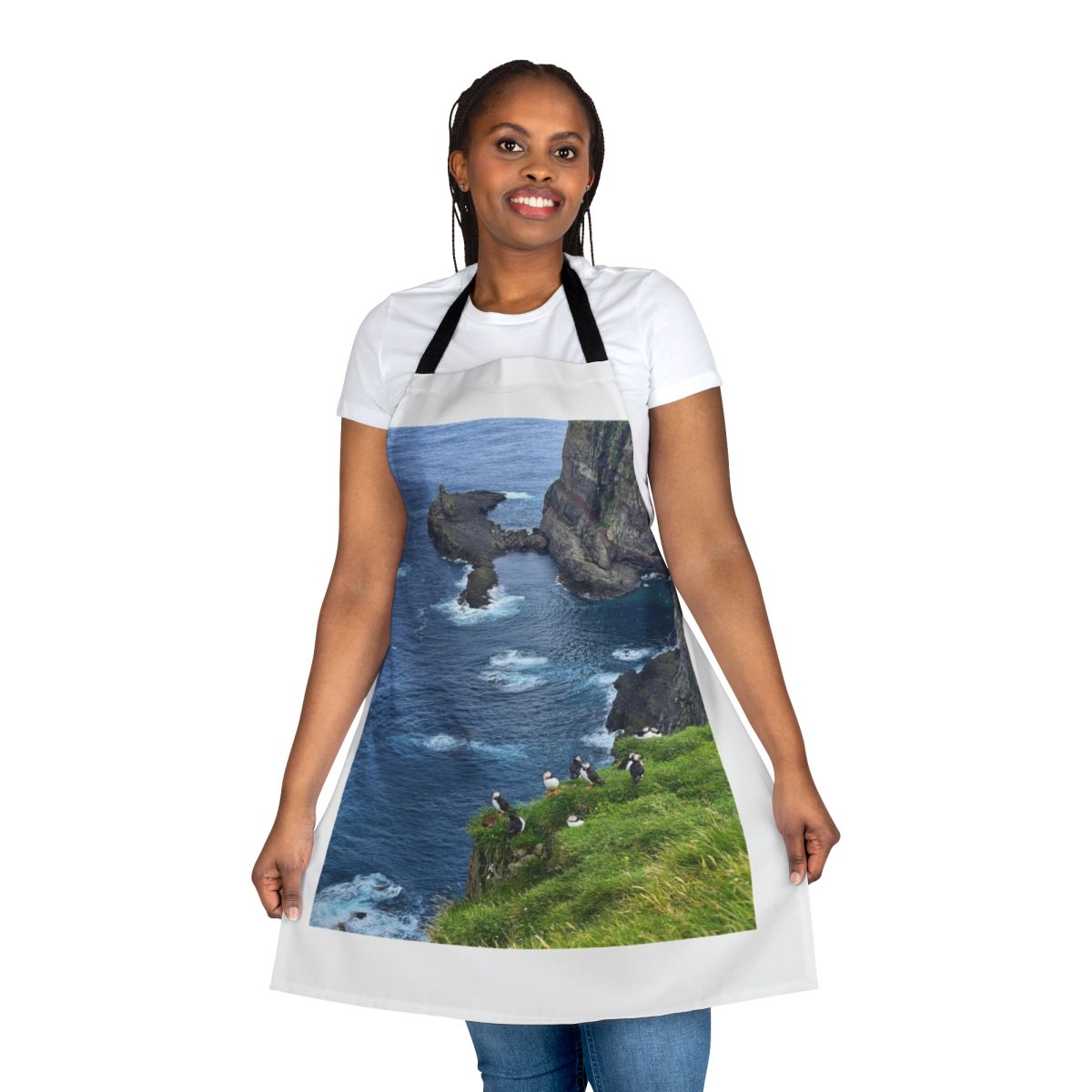 Mykines Faroe Islands Apron featuring puffins and scenic landscape