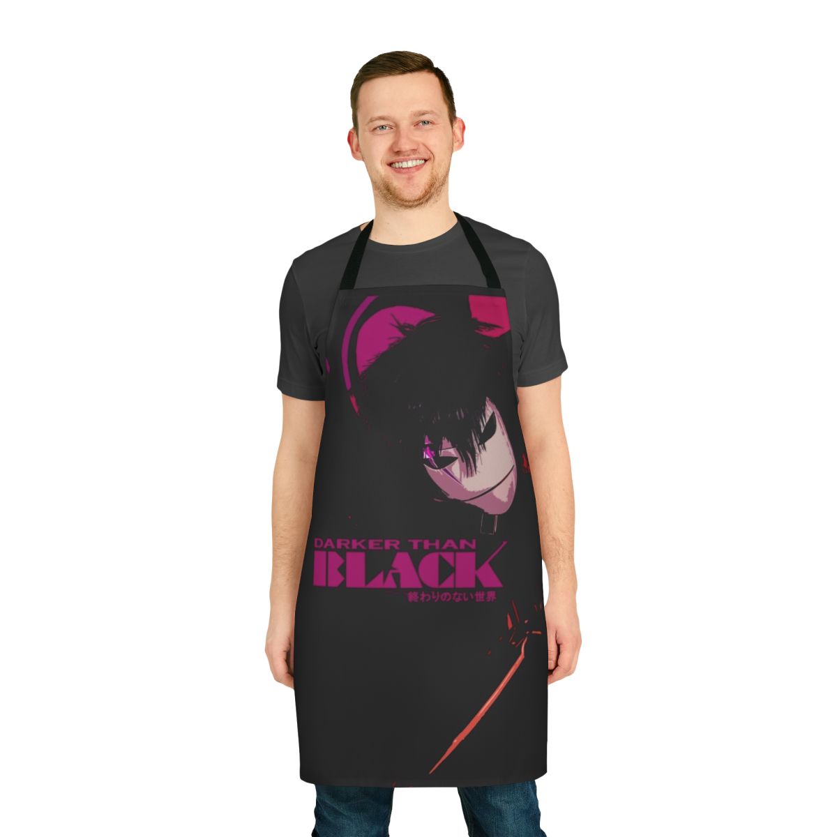 A sleek black apron with a gothic, supernatural design inspired by the anime "Darker Than Black"