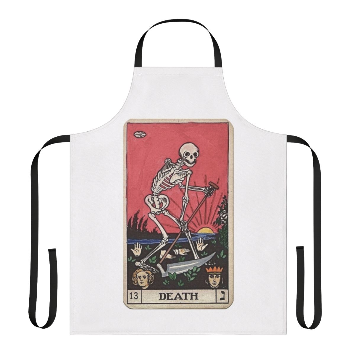 Black and white skeleton tarot death card design on a durable apron for the occult-inspired kitchen.