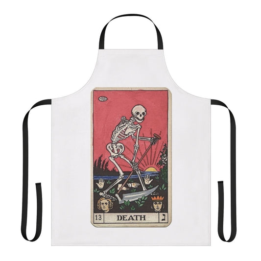 Black and white skeleton tarot death card design on a durable apron for the occult-inspired kitchen.