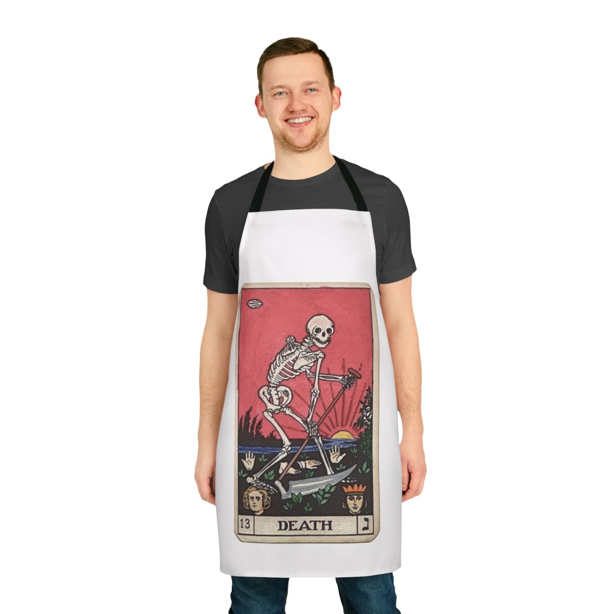Black and white skeleton tarot death card design on a durable apron for the occult-inspired kitchen.