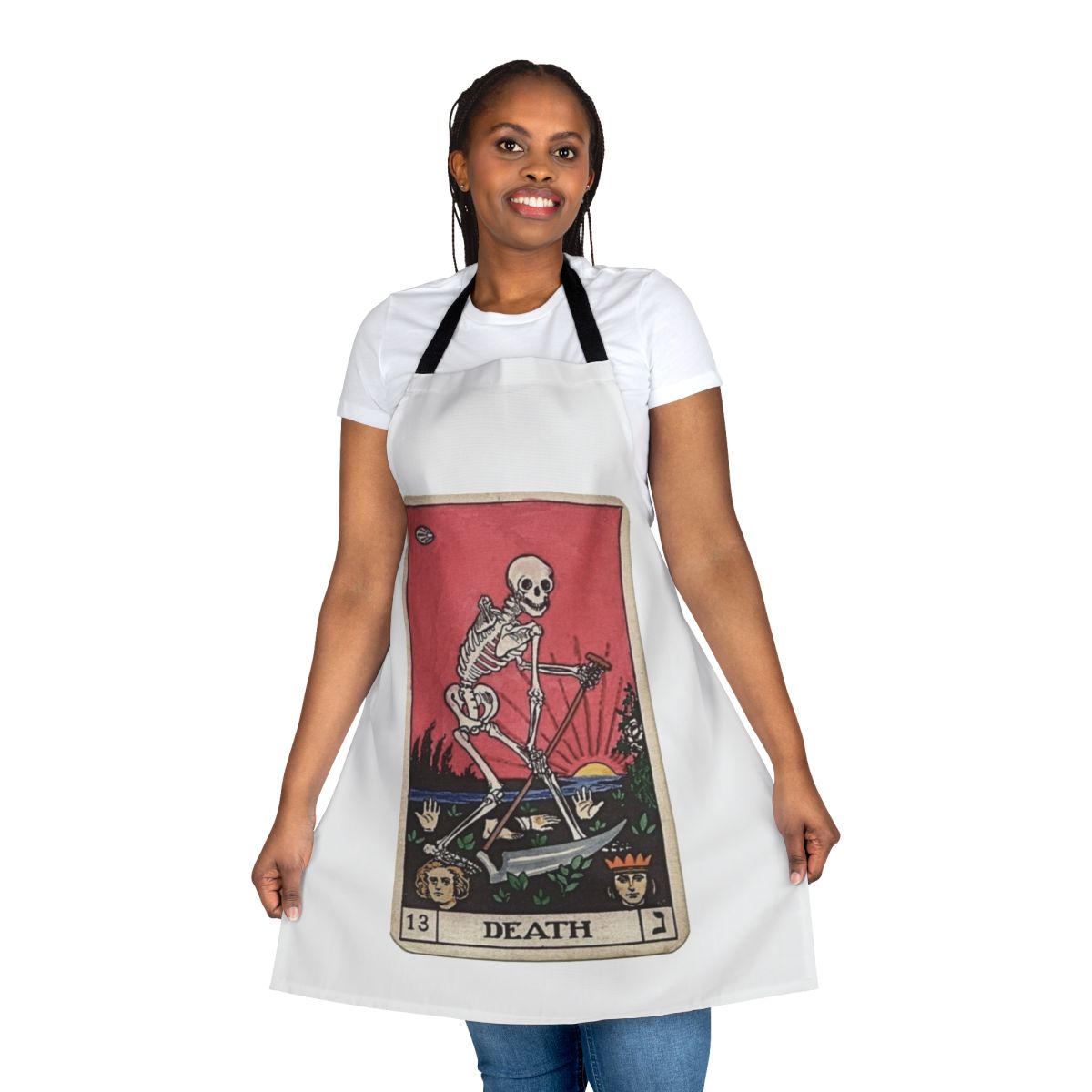 Black and white skeleton tarot death card design on a durable apron for the occult-inspired kitchen.