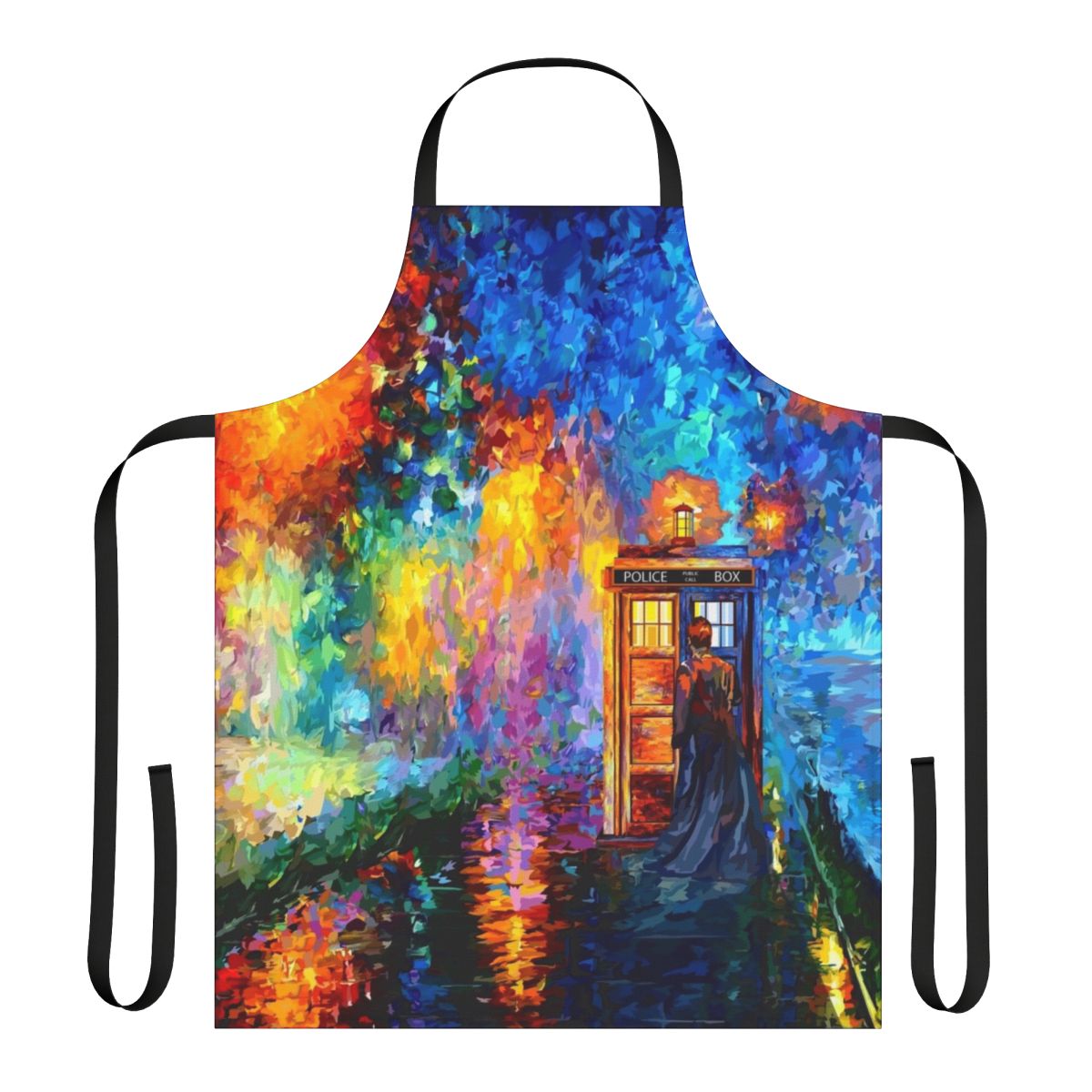 Apron featuring a mysterious figure in a Doctor Who-inspired rainbow dreamscape scene with a starry night sky, phone booth, and splashes of watercolor.