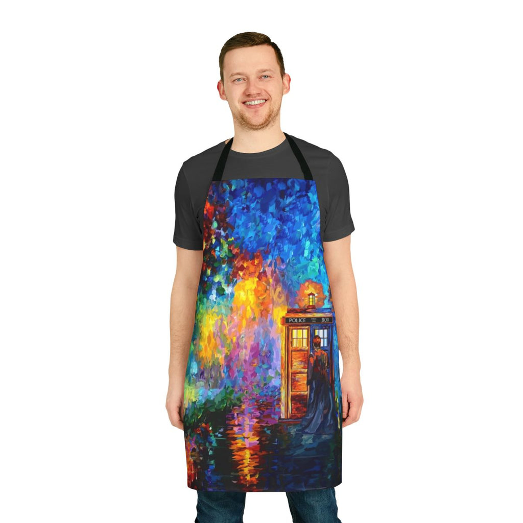 Apron featuring a mysterious figure in a Doctor Who-inspired rainbow dreamscape scene with a starry night sky, phone booth, and splashes of watercolor.