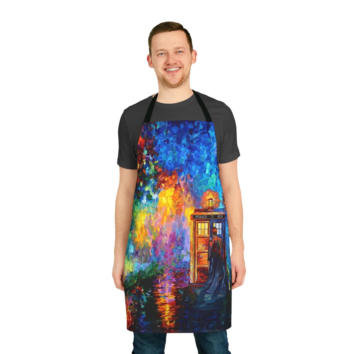 Apron featuring a mysterious figure in a Doctor Who-inspired rainbow dreamscape scene with a starry night sky, phone booth, and splashes of watercolor.