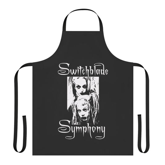 A dark and mysterious apron with a Switchblade Symphony band logo, perfect for fans of gothic fashion and 80s post-punk music.