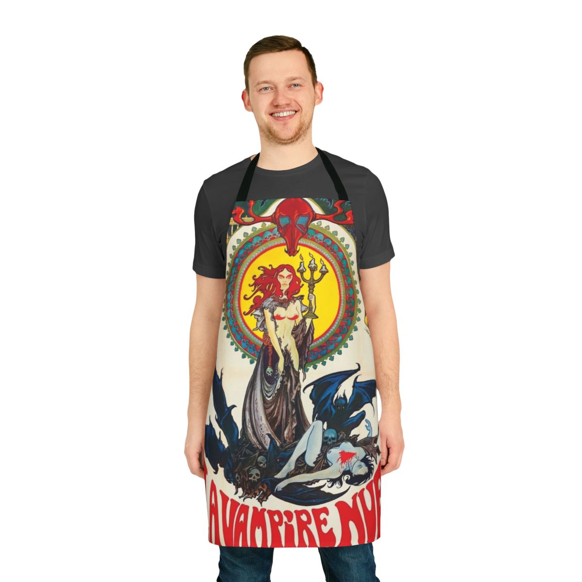 Retro-style gothic horror vampire apron for kitchen, cooking, and baking