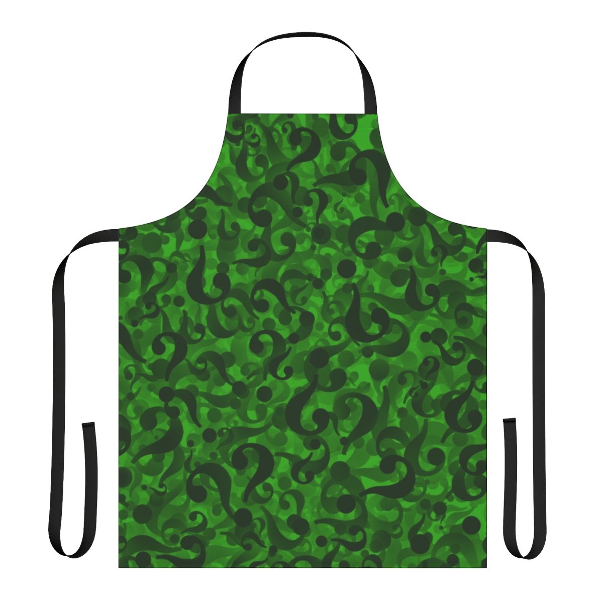 Green apron with a question mark pattern, inspired by the Riddler character from comic books and movies.