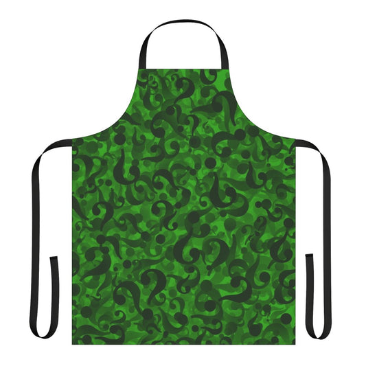 Green apron with a question mark pattern, inspired by the Riddler character from comic books and movies.