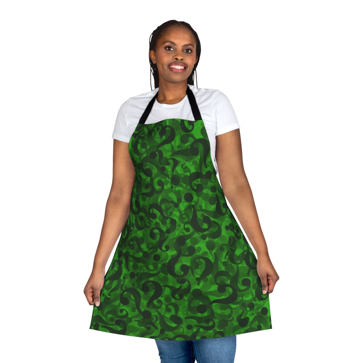 Green apron with a question mark pattern, inspired by the Riddler character from comic books and movies.