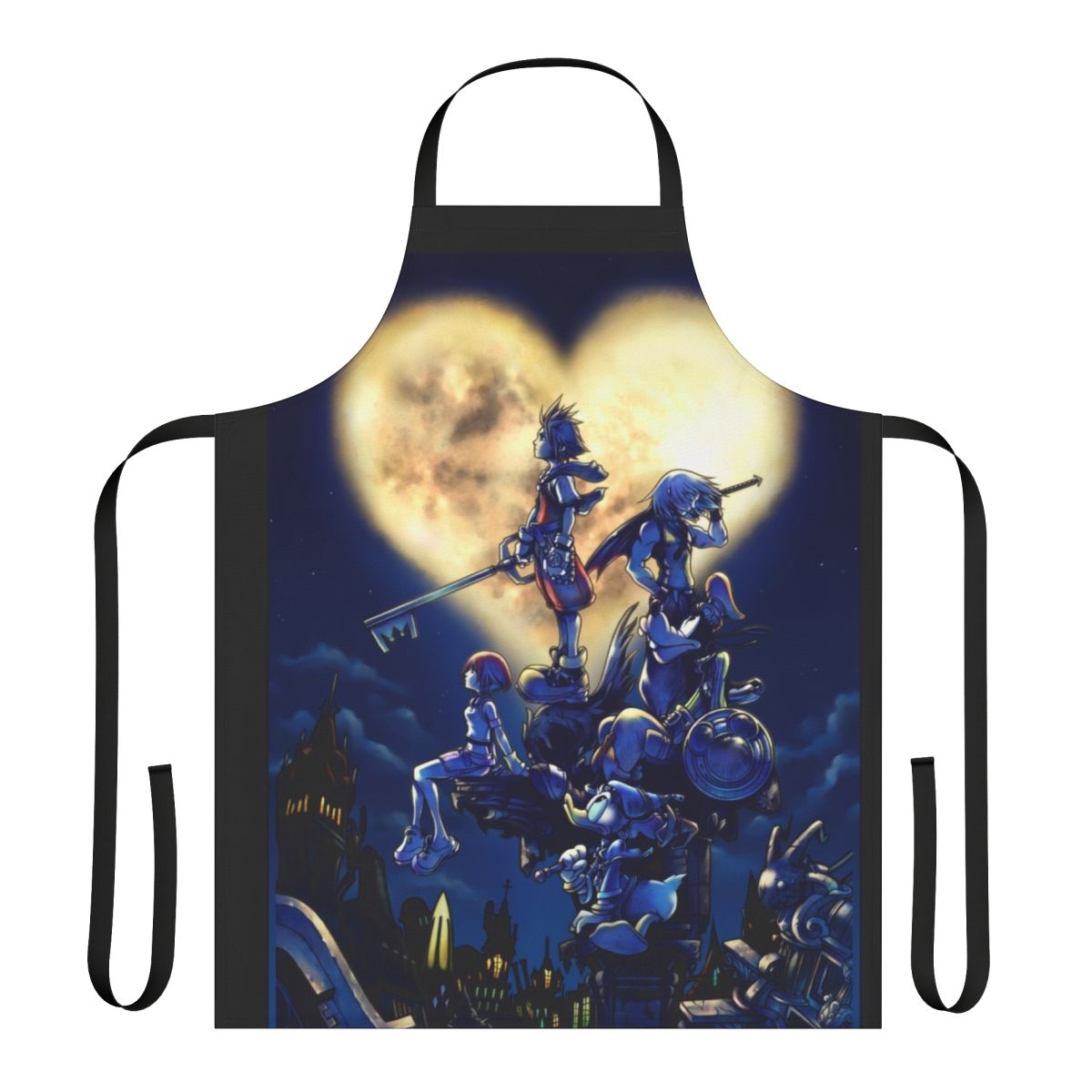 Kingdom Hearts inspired apron featuring the iconic keyblade and characters