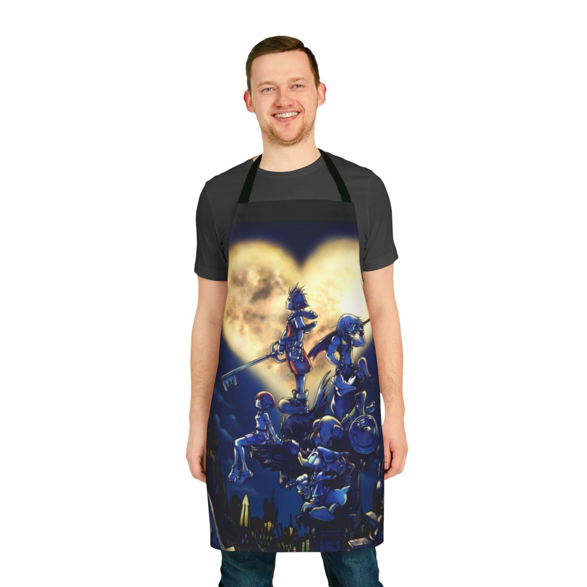 Kingdom Hearts inspired apron featuring the iconic keyblade and characters