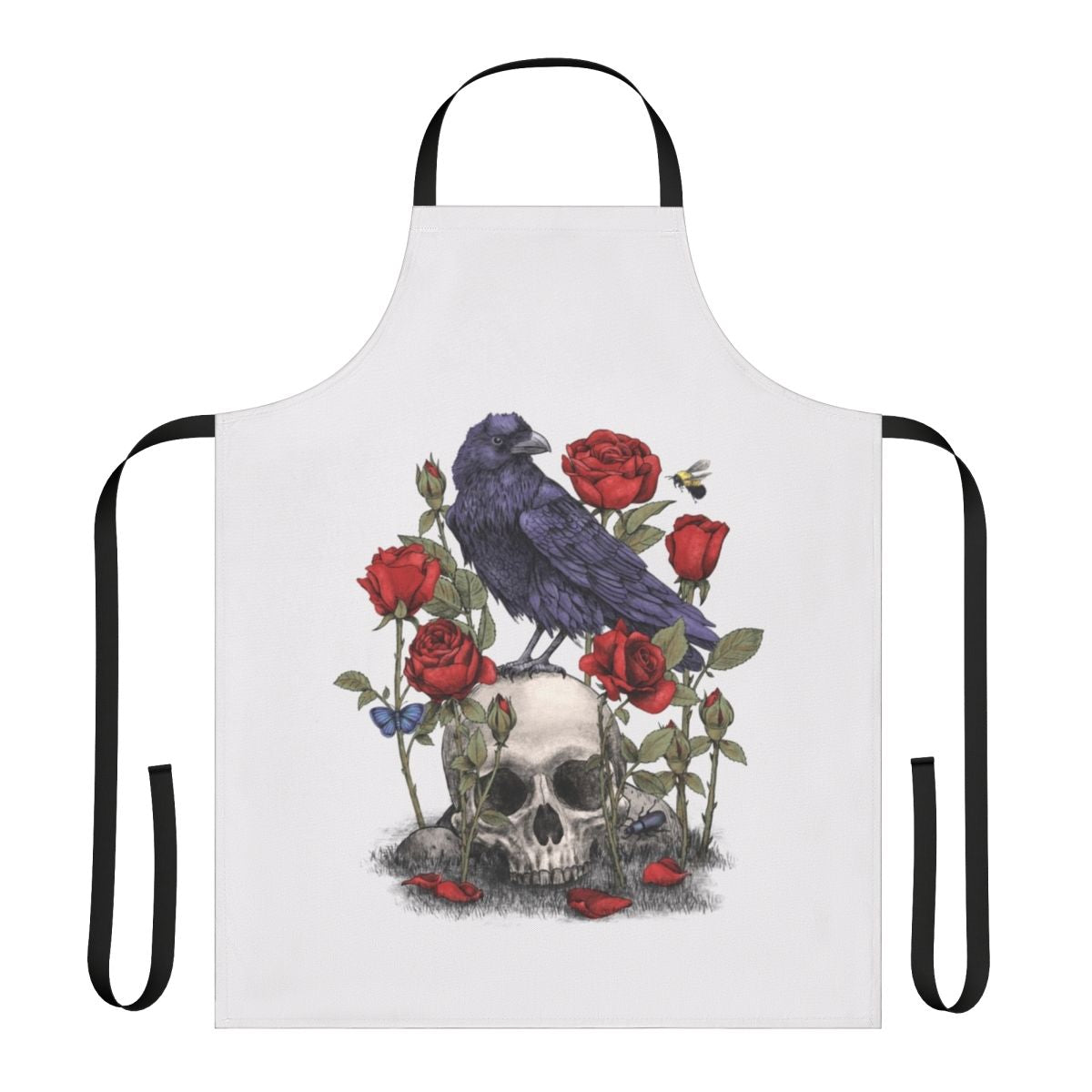 Memento Mori apron with a raven, skull, and floral design by Terry Fan