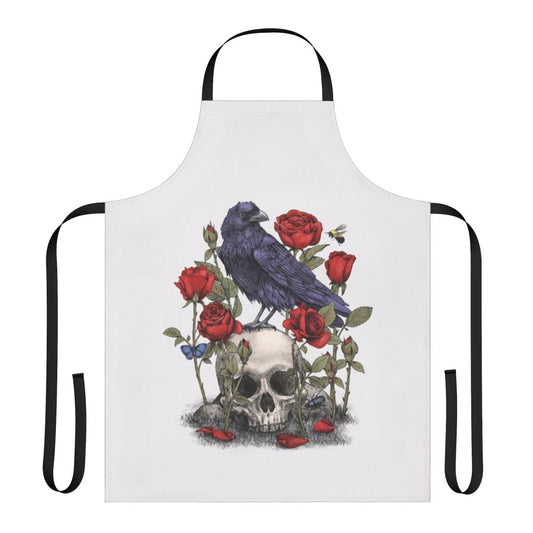 Memento Mori apron with a raven, skull, and floral design by Terry Fan
