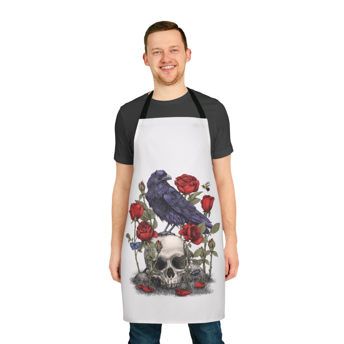 Memento Mori apron with a raven, skull, and floral design by Terry Fan