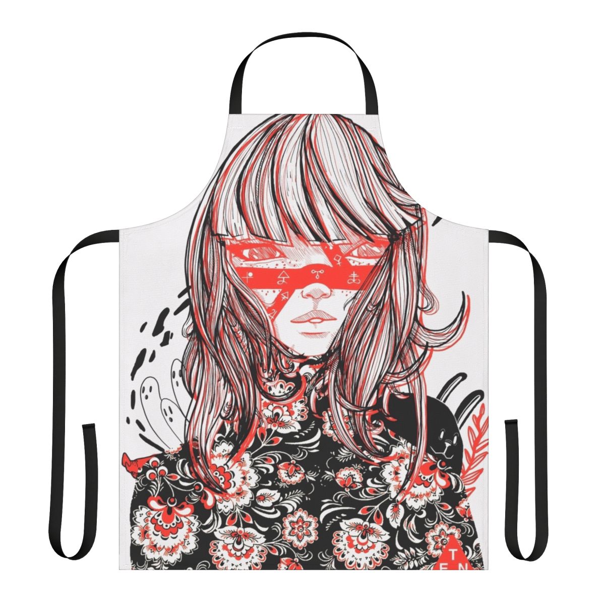 Strange world themed black and white apron with occult and runic designs